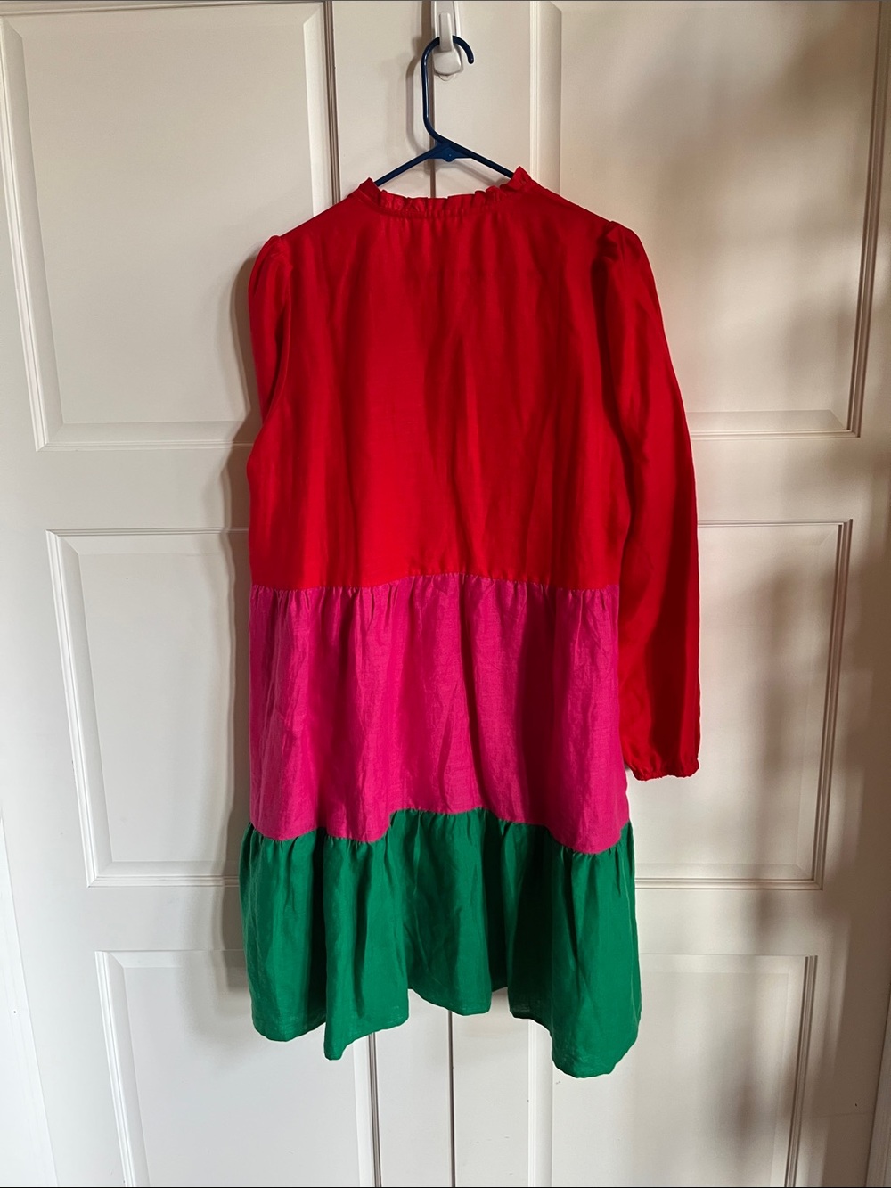 Boden Colorblock Ruffle-Neck Linen Dress in Red, Pink & Green - Picture 3 of 3